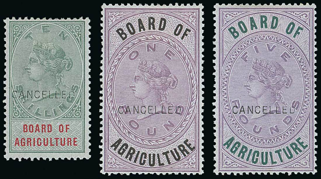 Great Britain Board of Agriculture 1889 1/- to £5 set of six, overprinted "cancelled", superb mint
