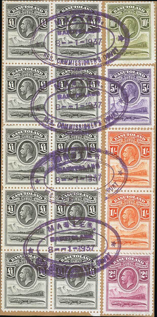Basutoland Revenue 1937 (8 Jan.) document piece bearing 1933 £1 black block of ten (2x5), and Posta