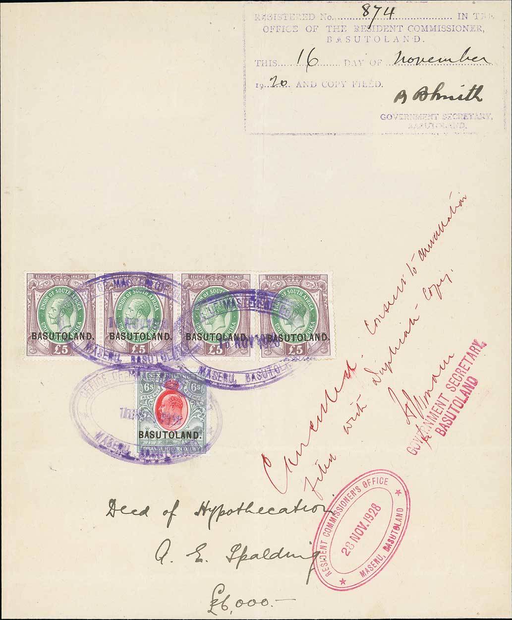 Basutoland Revenue 1920 (16 Nov.) Deed of Hypothecation page bearing series 15 £5 (4, including a s