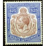 Straits Settlements 1921-33 Wmk. Script CA $25 purple and blue on blue,