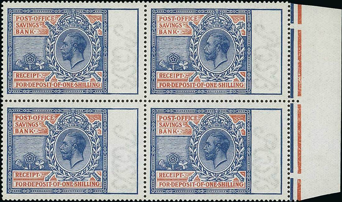 Great Britain Post Office Savings Bank 1911-20 1/- light blue and red (Mackennal portrait), right m