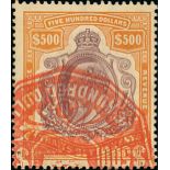 Straits Settlements 1906-12 $500 purple and orange, cancelled by part red embossed d.s. over botto