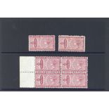 Ceylon Warehouse Warrant 1871 1/- claret, left marginal block of four, and two singles, fine mint,