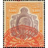 Straits Settlements 1906-12 $500 purple and orange, cancelled by part red embossed d.s., with trac