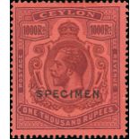 Ceylon 1912-25 MCA 1000r. purple on red overprinted "specimen", large part original gum, fresh and