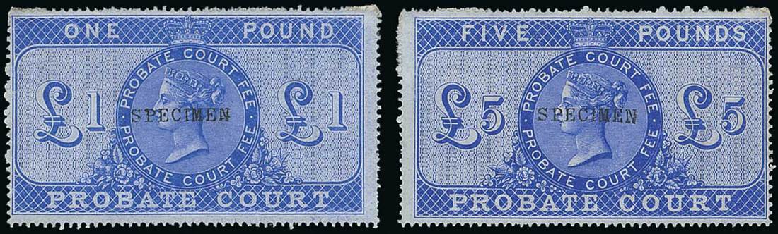 Great Britain Probate 1860 3d. to £5 set of eight overprinted "specimen" type 9, fresh mint, chiefl