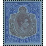 Straits Settlements Postal Fiscal 1938 $25 purple and blue on blue, fine mint, showing "three O' cl