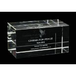 Cinema for Peace Awards, Berlin, 2014 rectangular glass trophy with inset dove and presentation i