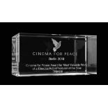 Cinema for Peace Awards, Berlin, 2010 rectangular glass trophy with inset dove and presentation i