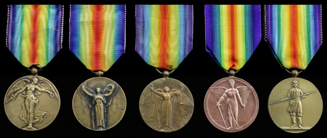 Interallied Victory Medals 1918 (5), comprising Belgium, official 1st Type; France (2), officia...