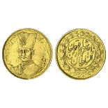 Qajar Dynasty, Nasir al-Din Shah (1848-96), gold Toman, 2.76g, Tehran, AH1299, bust of Shah thr...