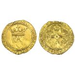 France. Charles VI (1380-1422). Ecu d'or. 3.85 gms. Crowned Arms, pellet above fleurs, rev. Croix f