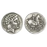 Spain. Bolskan. AR Denarius, ca. 150-100 BC. 3.97 gms. Bearded male head right, wearing necklace, r