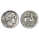 Spain. Bolskan. AR Denarius, ca. 150-100 BC. 3.95 gms. Bearded male head right, wearing necklace, r