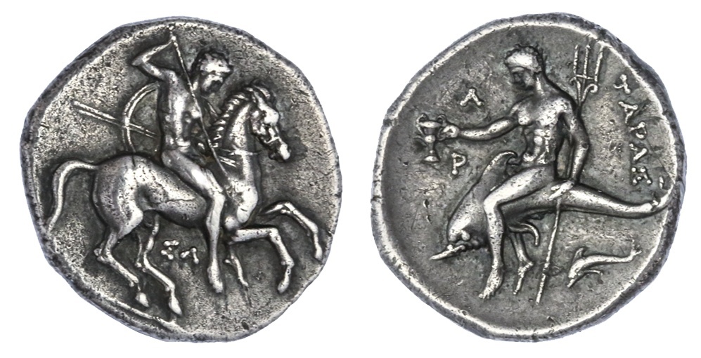 Calabria. Tarentum. AR Stater (Didrachm), ca. 315-302 BC. 7.74 gms. Warrior on horseback right, hol