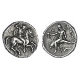 Calabria. Tarentum. AR Stater (Didrachm), ca. 315-302 BC. 7.74 gms. Warrior on horseback right, hol