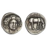 Thessaly. Larissa. AR Drachm, ca. 400-380 BC. 5.81 gms. Head of the nymph Larissa facing ¾ right, h