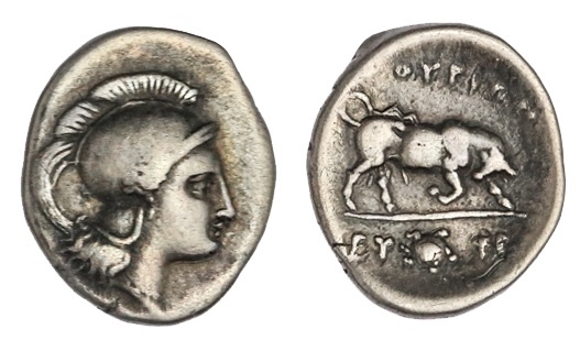 Lucania. Thourioi. AR Triobol, ca. 350-300 BC. 1.10 gms. Head of Athena right, wearing crested Atti