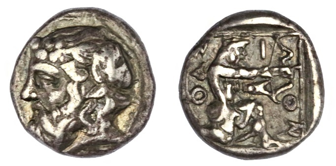 Islands off Thrace. Thasos. AR Drachm, ca. 411-340 BC. 3.78 gms. Head of Dionysos left, bearded and