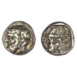 Islands off Thrace. Thasos. AR Drachm, ca. 411-340 BC. 3.78 gms. Head of Dionysos left, bearded and