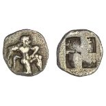 Islands off Thrace. Thasos. AR Diobol, ca. 500-480 BC. 1.09 gms. Ithyphallic satyr running right, r