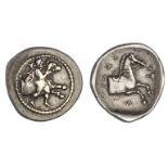 Thessaly. Trikka. AR Hemidrachm, ca 440-400 BC. 2.79 gms. Youth standing, wrestling bull right, wit