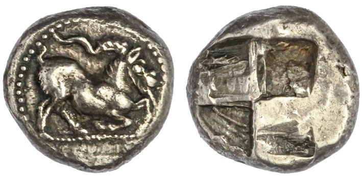 Cyclades. Paros. Drachm, ca. 490-480 BC. 5.98 gms. Goat kneeling right on beaded line, beaded circl