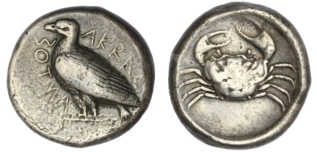 Sicily. Akragas. AR Tetradrachm, ca. 464-446 BC. 17.21 gms. AKRAC-ANTO&#931; (retrograde), Sea-eagl