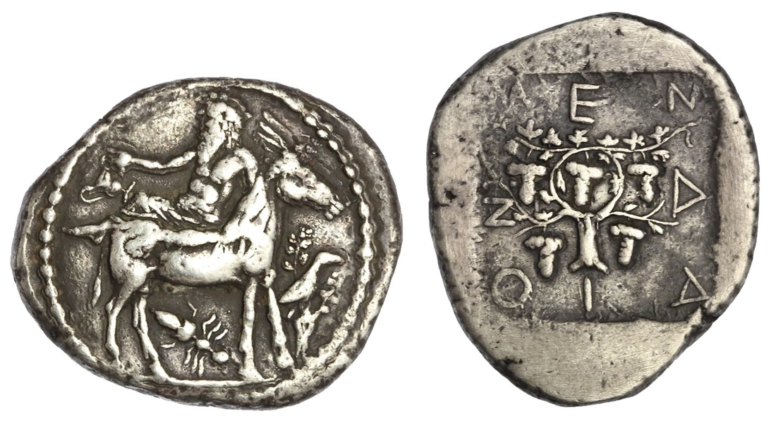 Macedon. Mende. AR Tetdradrachm, ca. 460-423 BC. 17.25 gms. Dionysos, well inebriated, reclining le