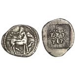 Macedon. Mende. AR Tetdradrachm, ca. 460-423 BC. 17.25 gms. Dionysos, well inebriated, reclining le