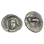 Thessaly. Larissa. AR Drachm, ca. 400-380 BC. Head of the nymph Larissa facing ¾ left, hair in ampy