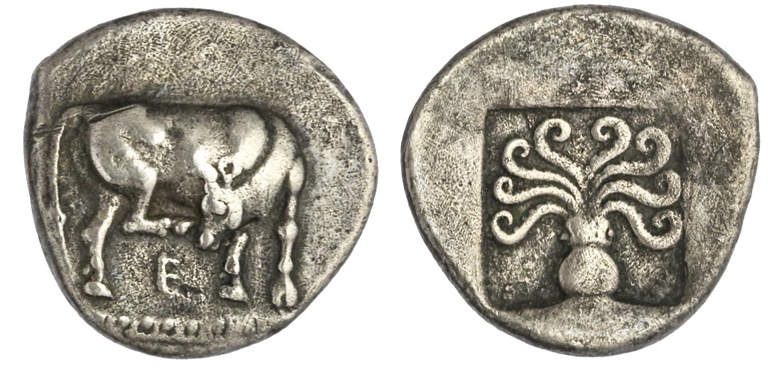 Euboia. Eretria. AR Didrachm, ca. 510-490 BC. 8.23 gms. Cow standing right, scratching its head wit