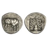 Euboia. Eretria. AR Didrachm, ca. 510-490 BC. 8.23 gms. Cow standing right, scratching its head wit