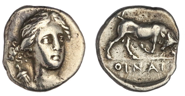 Islands off Ionia. Ikaros. Oinoe. AR Drachm, ca. 340-300 BC. 3.43 gms. Head of Artemis, quiver over