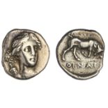 Islands off Ionia. Ikaros. Oinoe. AR Drachm, ca. 340-300 BC. 3.43 gms. Head of Artemis, quiver over