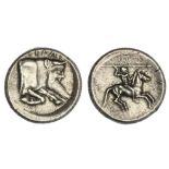 Sicily. Gela. AR Didrachm, ca. 490/85-480/75 BC. 8.74 gms. Nude warrior on horseback right, holding