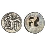 Islands off Thrace. Thasos. AR Stater, ca. 463-449 BC. 9.15 gms. Satyr running right, carrying prot