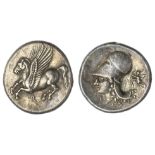 Corinth. AR Stater, ca. 375-300 BC. 8.44 gms. Pegasos flying left, koppa below, rev. Helmeted head