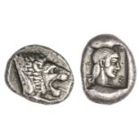 Caria. Knidos. AR Drachm, ca. 465-449 BC. 6.34 gms. Forepart of a roaring lion right, rev. Head of