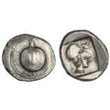 Pamphylia. Side. AR Stater, ca. 430-400 BC. 10.63 gms. Pomegranate, rev. Head of Athena right weari