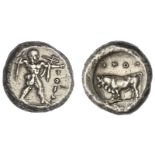 Lucania. Poseidonia. AR Didrachm. 8.13 gms. Poseidon striding right, wielding trident, chlamys drap