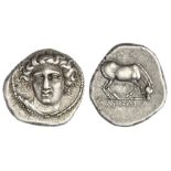 Thessaly. Larissa. AR Drachm, early-mid Fourth Century BC. 6.11 gms. Head of the nymph Larissa faci