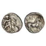 Thessaly. Larissa. AR Drachm, ca. 420-400 BC. 6.00 gms. Youth, chlamys trailing, head facing ¾, wre