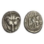 Bruttium. Rhegion. AR Drachm, ca. 494-486 BC. 5.67 gms. Lion's scalp facing, rev. RE-CI-O-N (retrog