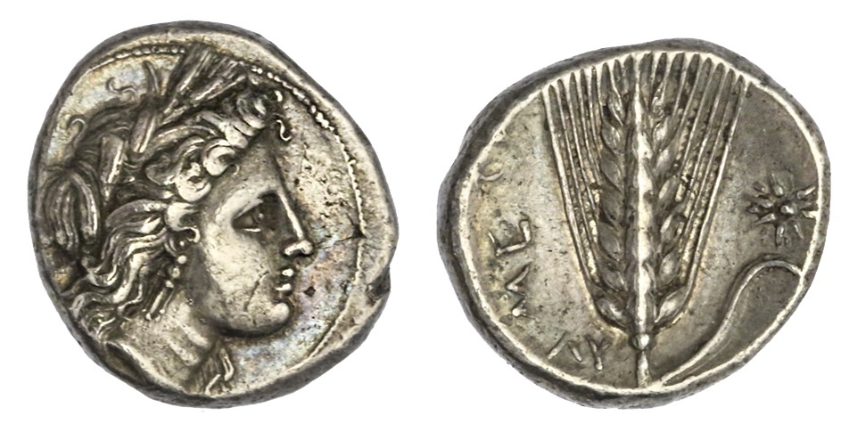 Lucania. Metapontion. AR Stater, ca. 330-290 BC. 7.76 gms. Wreathed head of Demeter right, wearing