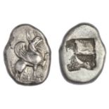 Ionia. Teos. AR Drachm, ca. 510-500 BC. 5.97 gms. Griffin seated right, raising forepaw, rev. Incu