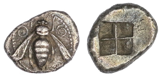 Ionia. Ephesos. AR Drachm, ca. 500-420 BC. 3.43 gms. Bee with wings spread, coiled tendril upper le