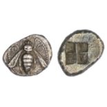 Ionia. Ephesos. AR Drachm, ca. 500-420 BC. 3.43 gms. Bee with wings spread, coiled tendril upper le