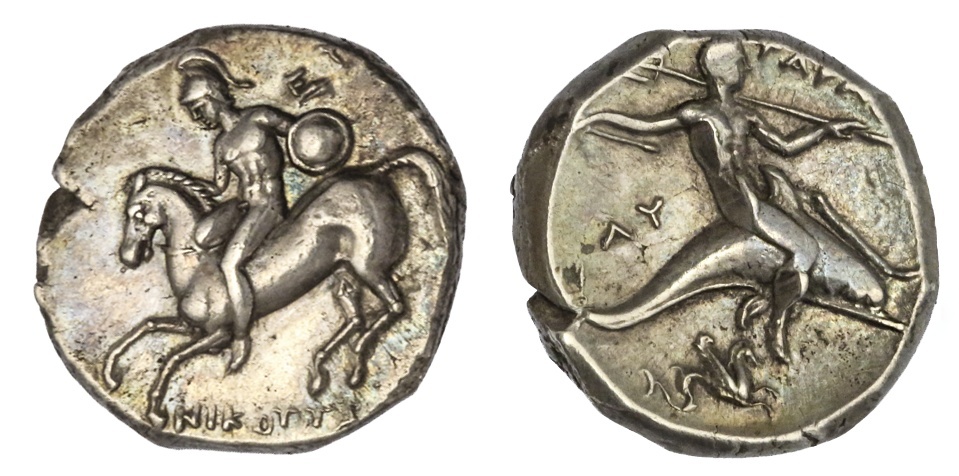 Calabria. Tarentum. AR Stater (Didrachm), ca. 302-280 BC. 7.92 gms. Helmeted warrior riding horse l