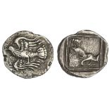 Crete. Lyttos AR Stater, ca. 320-280 BC. XX gms. Eagle flying left, rev. Boar's head right, mouth a